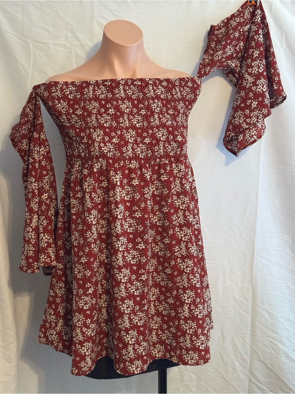 Off-Shoulder Smocked Flowy Sleeve Floral Mini Dress or Tunic in Burgundy